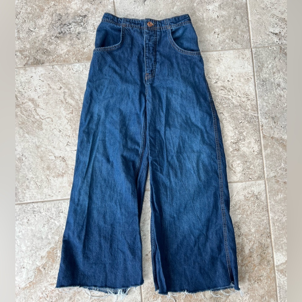 Pilcro Anthroplogie The Upper-Case A Flare Jeans w/ Raw Hem, Dark Blue Wash, 25